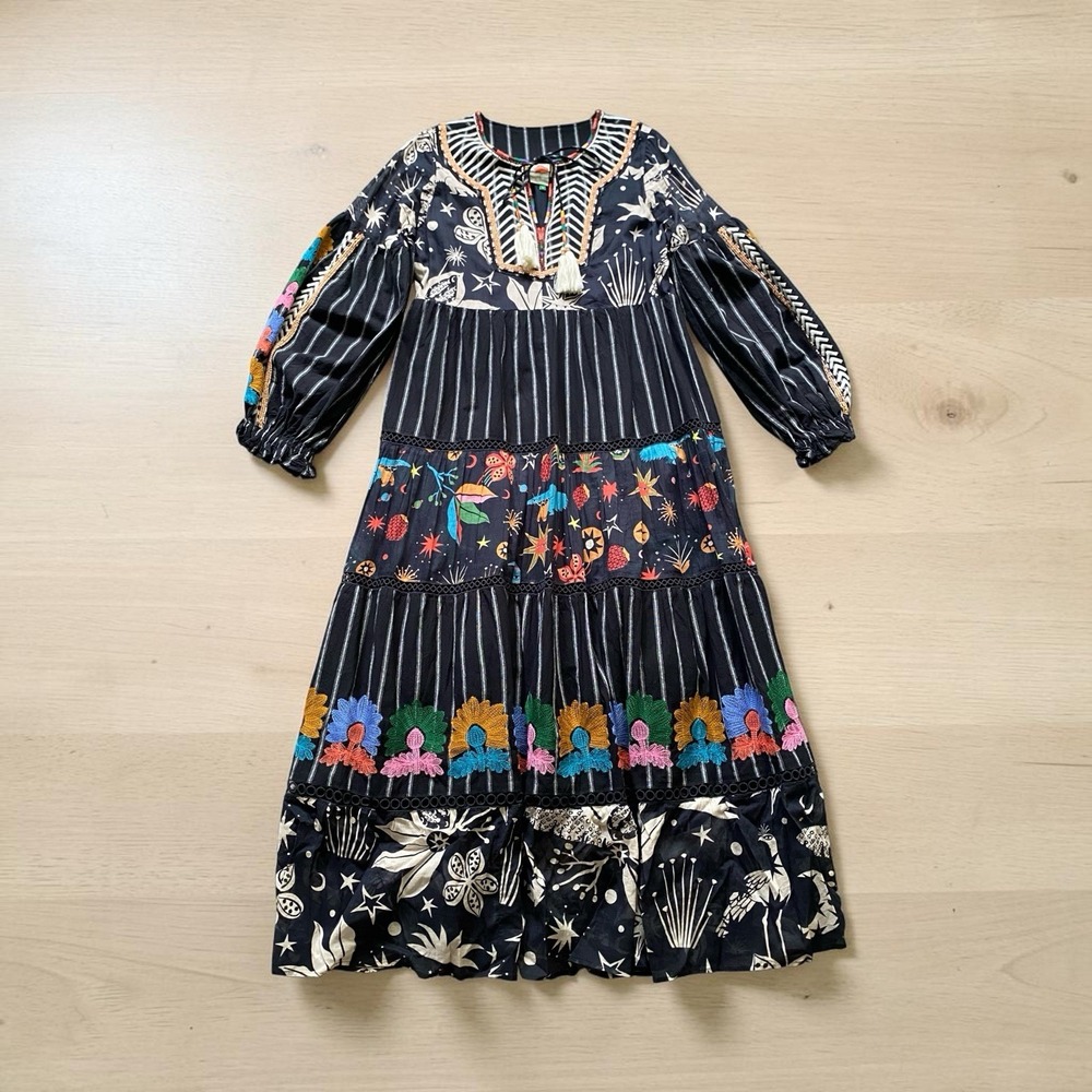 Farm Rio Midi Dress Sz M Tiered Embroidered Balloon Sleeve Boho Eclectic Artisan
